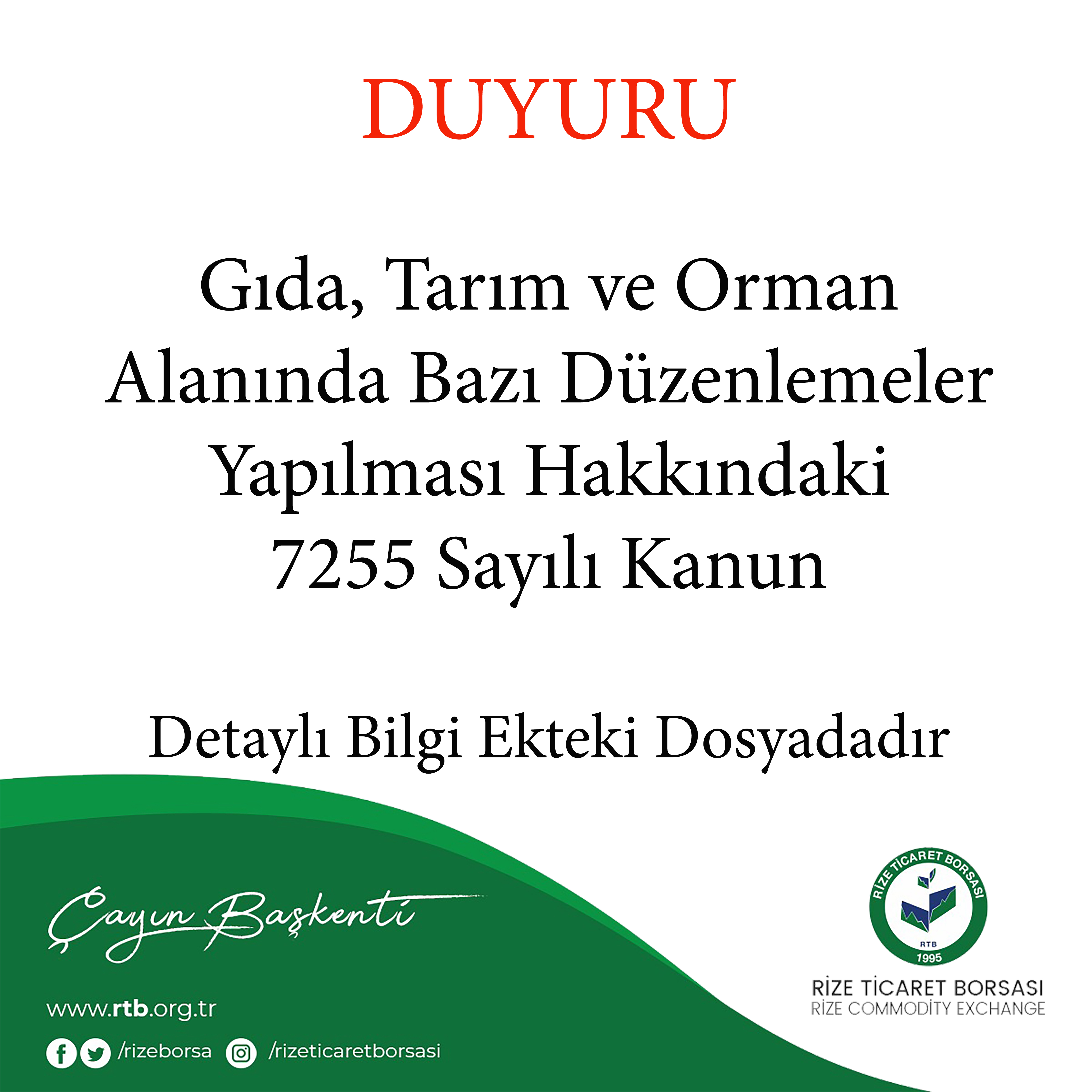 Gıda, Tarım ve Orman  Alanında Bazı Düzenlemeler  Yapılması Hakkındaki  7255 Sayılı Kanun