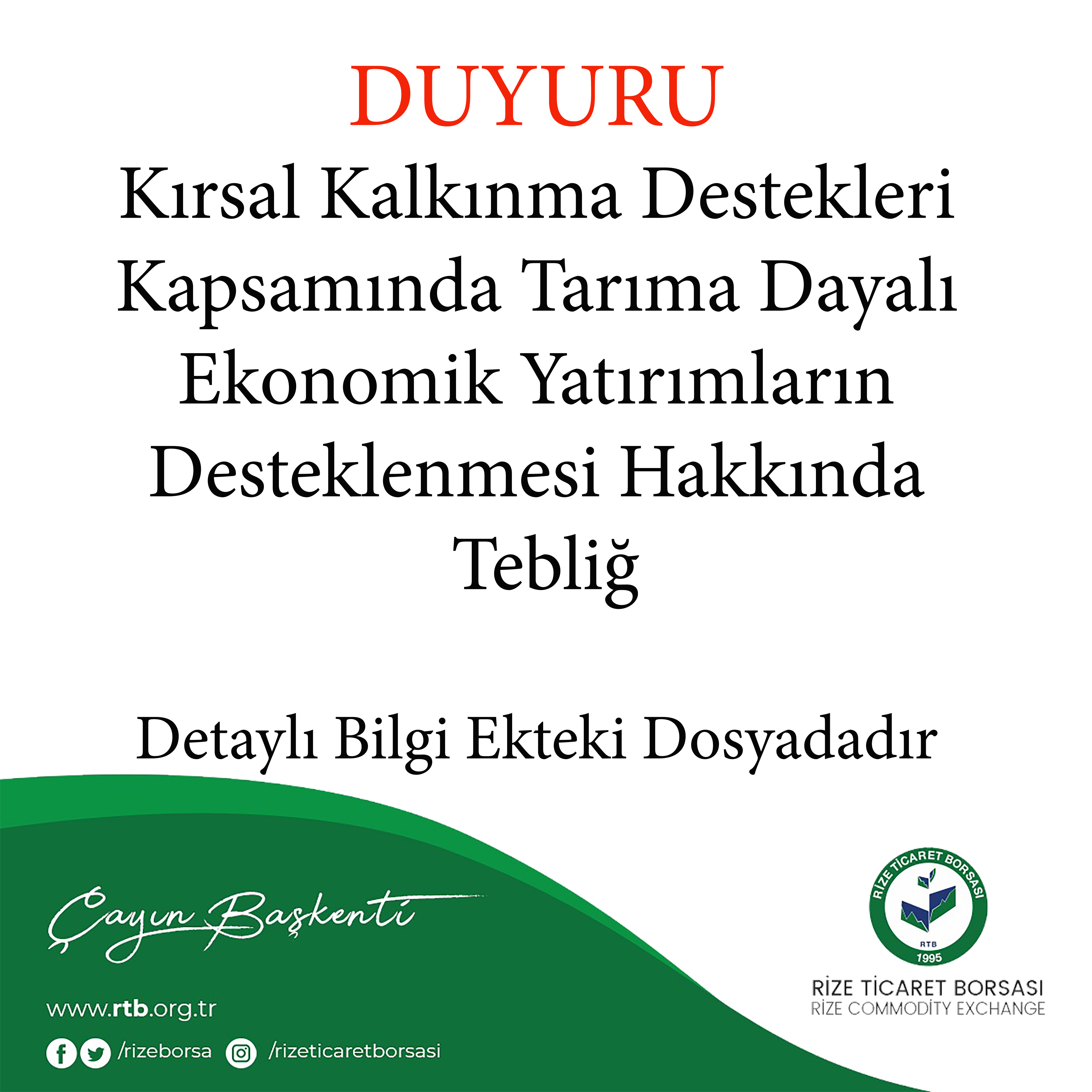 Kırsal Kalkınma Destekleri Kapsamında Tarıma Dayalı Ekonomik Yatırımların Desteklenmesi Hakkında Tebliğ