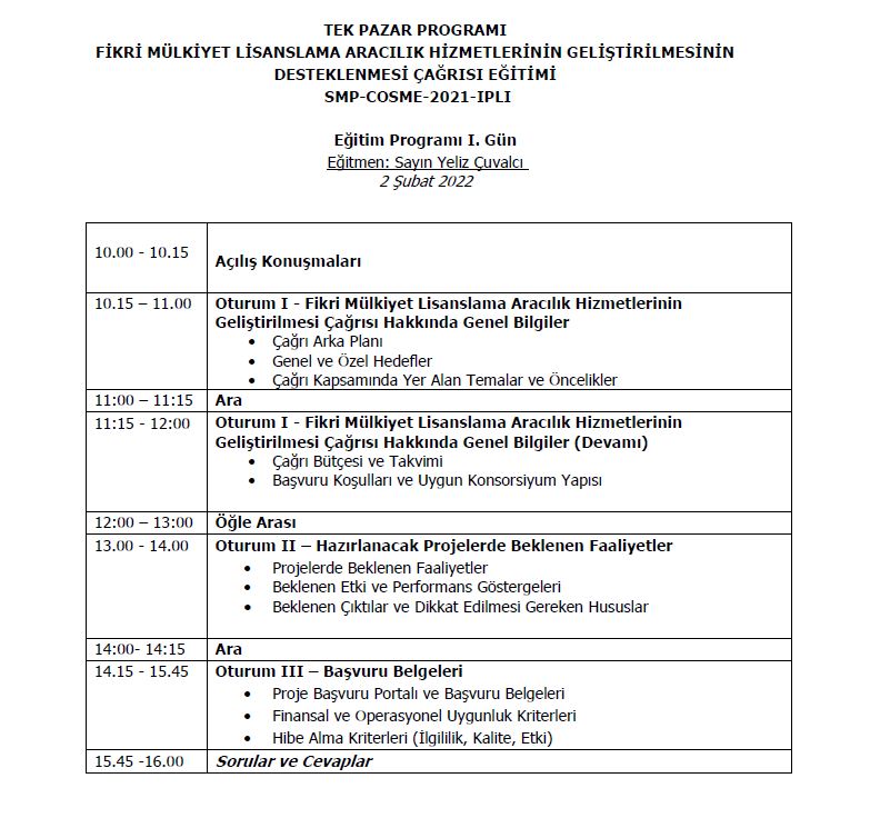  Fikri Mülkiyet Lisanslama Aracılık Hizmetlerinin Geliştirilmesinin Desteklenmesi Çağrısı Eğitimi