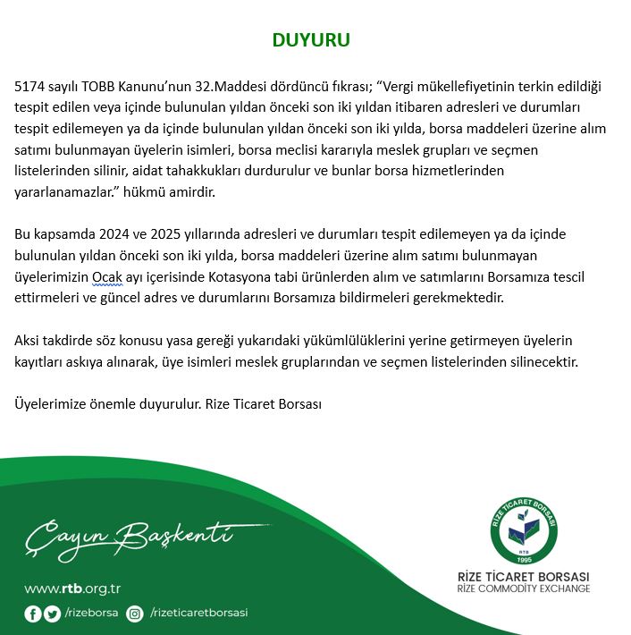 Üye Bilgilerinin Borsaya Bildirilmesi